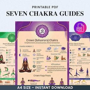 May include: Printable PDF guide showcasing seven chakra guides. Each guide provides information on chakras, including location, colour, seed sound, frequency, and affirmations. The guides also show yoga poses and healing crystals. The text "A4 SIZE - INSTANT DOWNLOAD" is visible.