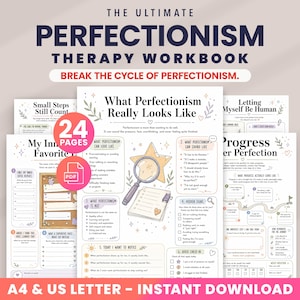 May include: A 24-page digital therapy workbook titled The Ultimate Perfectionism Therapy Workbook. The pages feature worksheets with headings like What Perfectionism Really Looks Like, including illustrations of a magnifying glass, stars, and hearts.