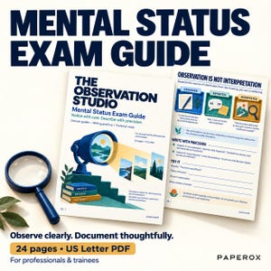Op de afbeelding: Een Mental Status Exam Guide PDF met 24 pagina's in US Letter-formaat. De omslag toont een blauwe spotlight op een trap met de tekst The Observation Studio. De binnenpagina toont secties met de titels Observation Is Not Interpretation.