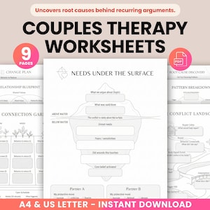 May include: A collection of nine couples therapy worksheets with the title "Couples Therapy Worksheets". The worksheets include titles such as "Change Plan", "Relationship Blueprint", and "Needs Under the Surface". The text "A4 & US LETTER - INSTANT DOWNLOAD" is at the bottom.