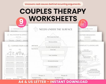 Puede incluir: Un conjunto de nueve hojas de trabajo de terapia de pareja, tituladas "Couples Therapy Worksheets". Las hojas de trabajo cubren temas como "Change Plan" y "Needs Under the Surface". El texto "A4 & US LETTER - INSTANT DOWNLOAD" está en la parte inferior.
