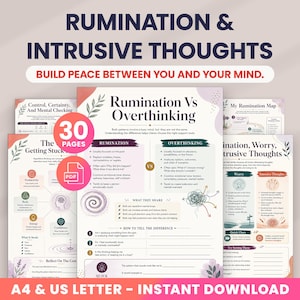 Könnte beinhalten: Ein 30-seitiges PDF-Set zum digitalen Download mit Arbeitsblättern zur psychischen Gesundheit mit dem Titel Rumination & Intrusive Thoughts. Die Seiten enthalten Diagramme, Grafiken und Texte zum Vergleich von Grübeln und Überdenken.