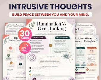 May include: A 30-page PDF digital download set featuring mental health worksheets titled Rumination & Intrusive Thoughts. The pages include charts, diagrams, and text comparing rumination and overthinking, with A4 and US Letter size options.