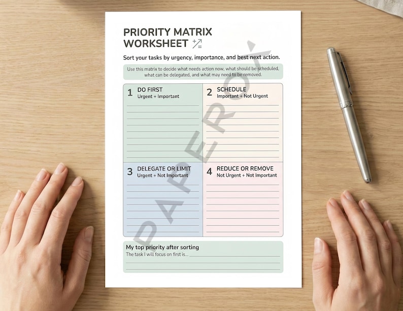 May include: A white Priority Matrix Worksheet with black text, including the title and instructions. The worksheet is divided into four sections with headings such as "Do First" and "Schedule." A silver pen lies on the wooden surface beside the worksheet.