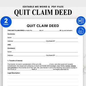 Quitclaim Deed Form Template - Quit claim Deed - Real Estate Transfer Form - Printable PDF & Word - Property Ownership Change Document