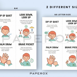 May include: Two sets of illustrated cards with instructions for mindfulness exercises. Each card features a cartoon illustration and text. The cards are labeled "A4" and "US LETTER SIZE". The exercises include "Sip of Quiet", "Look Down, Look Up", "Palm Draw", and "Brave Pocket".