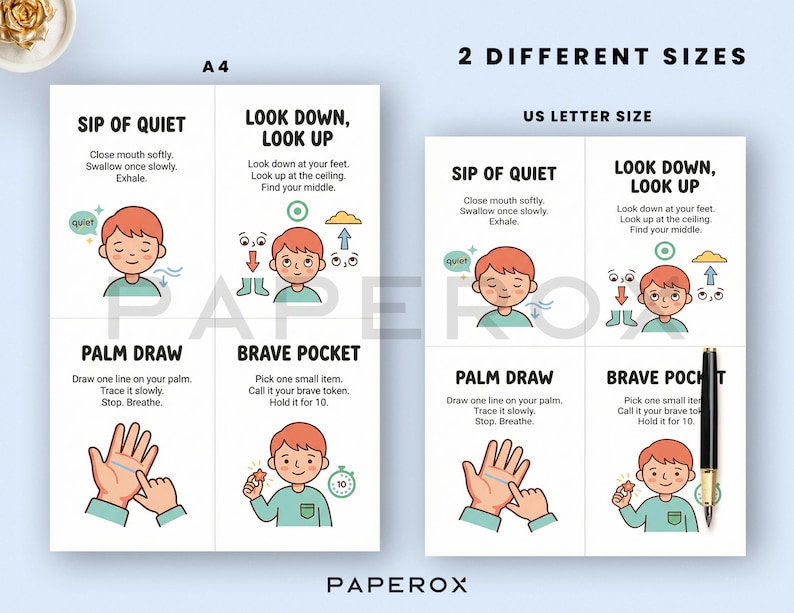 May include: Two sets of illustrated cards with instructions for mindfulness exercises. Each card features a cartoon illustration and text. The cards are labeled "A4" and "US LETTER SIZE". The exercises include "Sip of Quiet", "Look Down, Look Up", "Palm Draw", and "Brave Pocket".