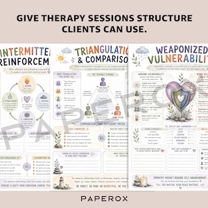 Puede incluir: Tres hojas de trabajo de terapia educativa tituladas Intermittent Reinforcement, Triangulation & Comparison y Weaponized Vulnerability. Cada p&aacute;gina presenta ilustraciones coloridas, diagramas y cuadros de texto para estructurar las sesiones.