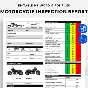 Raport z wizualnej inspekcji motocykla - Lista kontrolna i arkusz kalkulacyjny wielopunktowej inspekcji motocykla | Wypełnialny plik PDF - Edytowalny formularz WORD
