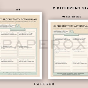 May include: Two productivity action plan printables in A4 and US Letter sizes. The plans include sections for strengths, challenges, planning tools, focus supports, routines, and a 7-day plan. The text reads "My Productivity Action Plan."