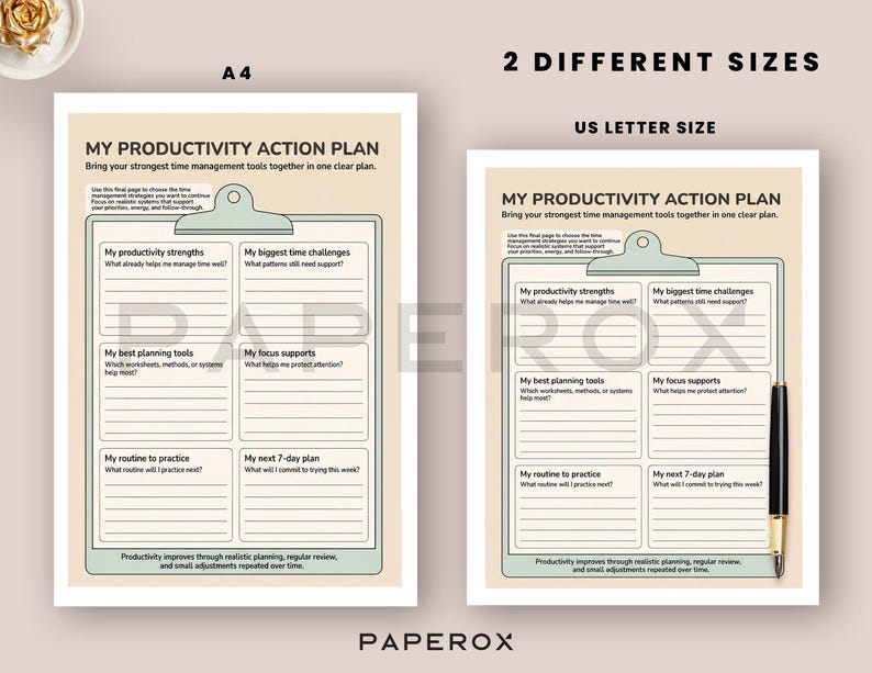 May include: Two productivity action plan printables in A4 and US Letter sizes. The plans include sections for strengths, challenges, planning tools, focus supports, routines, and a 7-day plan. The text reads "My Productivity Action Plan."