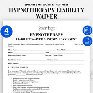 Op de afbeelding: Een wit document getiteld "HYPNOTHERAPIE AANSPRAKELIJKHEIDSVERKLARING" met bewerkbare MS Word- en PDF-bestandsopties. Het document bevat velden voor klantinformatie en een sectie met de beschrijving van het doel van de diensten.