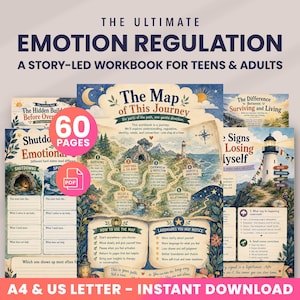 May include: A digital workbook titled The Ultimate Emotion Regulation, a story-led guide for teens and adults. The cover features a map illustration with a lighthouse, mountains, and text detailing six parts of a journey, plus 60 pages in PDF format.