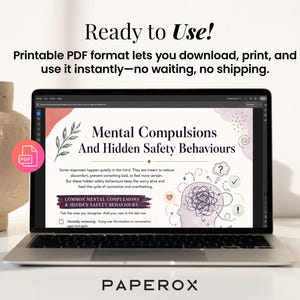 May include: A laptop screen displaying a printable PDF document titled Mental Compulsions And Hidden Safety Behaviours. The document features a line drawing of a head with a tangled mind, text, and a pink PDF icon. The text includes information about mental responses, discomfort, and common compulsions.
