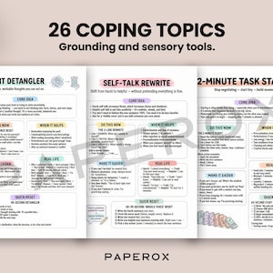 May include: A printed document titled "26 COPING TOPICS" with grounding and sensory tools. The document is open, displaying three sections: "Thought Detangler," "Self-Talk Rewrite," and "2-Minute Task Starter." A pen rests on the right side. A gold flower is in the upper left corner.