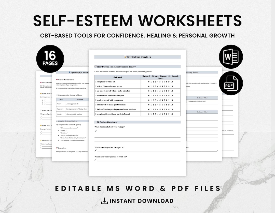 Self-esteem Worksheets for Adults & Teens, CBT Workbook PDF, Confidence ...