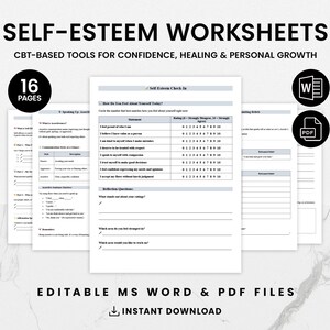 Self-Esteem Worksheets for Adults & Teens, CBT Workbook PDF, Confidence Building Journal, Therapist Resource, Printable Mental Health, PDF