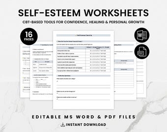 Self-Esteem Worksheets for Adults & Teens, CBT Workbook PDF, Confidence Building Journal, Therapist Resource, Printable Mental Health, PDF