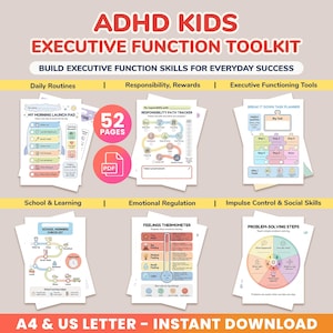 Puede incluir: Kit de herramientas de función ejecutiva para niños con TDAH con 52 páginas. Incluye herramientas para rutinas diarias, responsabilidad, regulación emocional y control de impulsos. A4 y US Letter - Descarga instantánea.