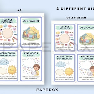 May include: Two sets of illustrated cards with the text "Feelings Face Draw", "Safe Place Pic", "Worry Cloud, Sun Thought", and "Kind Words Confetti". One set is A4 size, the other is US Letter size. The cards feature drawings of faces, clouds, suns, and a child reading.