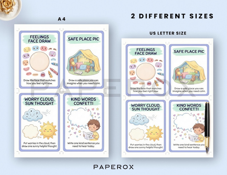 May include: Two sets of illustrated cards with the text "Feelings Face Draw", "Safe Place Pic", "Worry Cloud, Sun Thought", and "Kind Words Confetti". One set is A4 size, the other is US Letter size. The cards feature drawings of faces, clouds, suns, and a child reading.