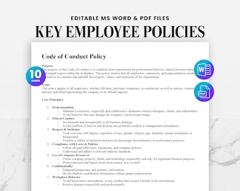 May include: A document titled "KEY EMPLOYEE POLICIES" with the text "Code of Conduct Policy." The document includes a list of core principles and is available in editable MS Word and PDF files. A blue circle indicates "10 PAGES."