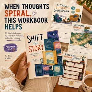 Puede incluir: Un cuaderno de trabajo de reencuadre cognitivo titulado Shift the Story, con páginas ilustradas para la reflexión. La portada muestra varios paisajes enmarcados y una persona mirando por una ventana. Texto: When Thoughts Spiral, This Workbook Helps.