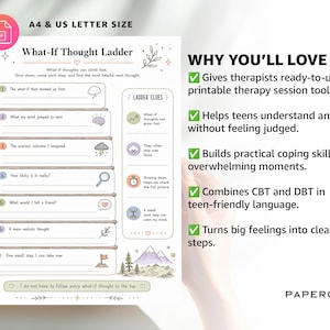 May include: A printable What-If Thought Ladder worksheet in A4 and US Letter size. The document features a seven-step ladder graphic with numbered lines for writing, a section for ladder clues, and mountain illustrations at the bottom.