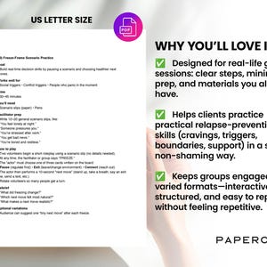 Puede incluir: Documento PDF tama&ntilde;o US Letter que detalla una pr&aacute;ctica de escenario Freeze-Frame. El documento incluye el objetivo, el tiempo, los materiales necesarios, la preparaci&oacute;n del facilitador y c&oacute;mo jugar. Dise&ntilde;ado para sesiones grupales.