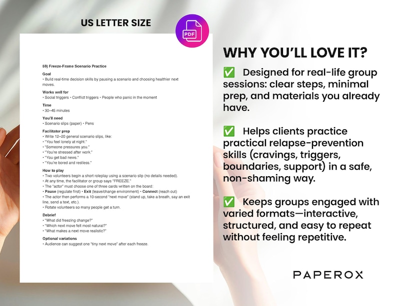 Puede incluir: Documento PDF tama&ntilde;o US Letter que detalla una pr&aacute;ctica de escenario Freeze-Frame. El documento incluye el objetivo, el tiempo, los materiales necesarios, la preparaci&oacute;n del facilitador y c&oacute;mo jugar. Dise&ntilde;ado para sesiones grupales.