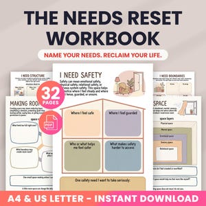 May include: A digital workbook titled The Needs Reset Workbook with the subtitle Name Your Needs. Reclaim Your Life. The pages feature sections like I Need Safety, I Need Structure, and I Need Boundaries with prompts, diagrams, and a 32-page PDF icon.