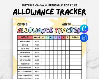 Tabella delle faccende domestiche per bambini: monitoraggio delle paghe modificabile, sistema di premi (download PDF stampabile)