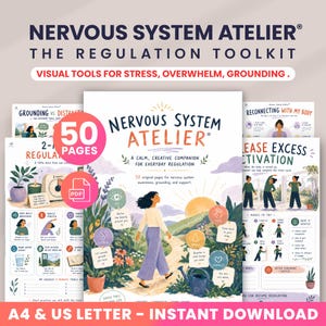 Op de afbeelding: Een digitale toolkit genaamd Nervous System Atelier met 50 pagina's aan visuele hulpmiddelen voor stress, overprikkeling en aarding. De omslag toont een illustratie van een persoon op een pad met zintuiglijke iconen, terwijl andere pagina's oefeningen tonen voor regulatie, lichaamsverbinding en beweging.