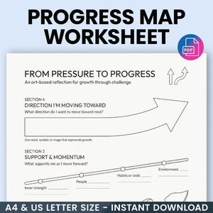 May include: A white worksheet titled "PROGRESS MAP WORKSHEET" with the text "FROM PRESSURE TO PROGRESS." The worksheet includes sections for self-reflection, with prompts and space for notes. The document is available in A4 and US Letter sizes, and is an instant download.