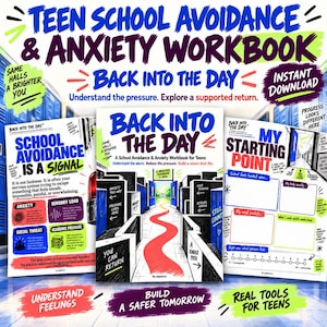 Puede incluir: Un libro de ejercicios digital titulado Back Into The Day para la evitación escolar y la ansiedad en adolescentes. La portada muestra un camino rojo que conduce a través de casilleros hacia una puerta abierta. Incluye páginas tituladas School Avoidance Is A Signal y My Starting Point con texto, cuadros coloridos e ilustraciones de casilleros y pasillos.