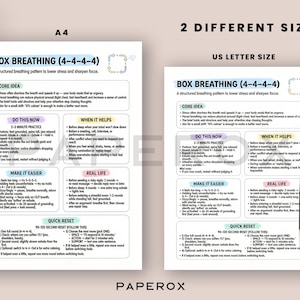 May include: Two white sheets of paper with the text "BOX BREATHING (4-4-4-4)" and instructions for stress reduction. One sheet is A4 size, the other is US Letter size. A black pen rests on the US Letter size sheet.