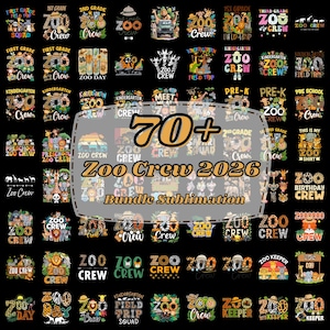 Op de afbeelding: Een bundel van meer dan 70 ontwerpen met het thema "Zoo Crew 2026", perfect voor sublimatie. De ontwerpen bevatten verschillende dierentuindieren, tekst en afbeeldingen, geschikt voor kleding en accessoires. De ontwerpen omvatten thema's als "First Grade", "Kindergarten" en "Zoo Day".
