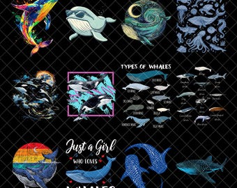 Summer Whale PNG Bundle, Cute Coastal Whale Png,Sublimation Design, Whale Shark Tshirt Png, Ocean Animal Png, Shark Lover Png