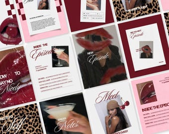 May include: A collage of magazine-style layouts with a pink and burgundy color scheme. The layouts feature images of lips, cocktails, and people, along with text such as "How to Say No Nicely" and "Inside the Episode."