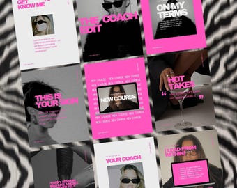 May include: A collection of pink and white promotional graphics with text and images. The text includes phrases like "Get to Know Me," "The Coach Edit," and "New Course." The background has a zebra print.