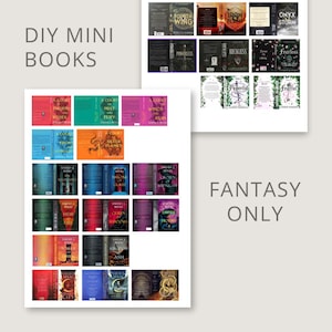 Peut inclure: Une collection de couvertures de mini-livres à faire soi-même sur le thème de la fantasy. Les couvertures présentent des titres tels que "A Court of Thorns and Roses", "Iron Flame" et "Onyx Storm". Le texte "DIY MINI BOOKS" et "FANTASY ONLY" est également visible.