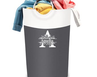 Personalized Floral Monogram Laundry Hamper - Collapsible Storage Bag