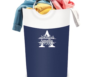 Floral Monogram Laundry Hamper: Custom Name Collapsible Storage Bag - Navy