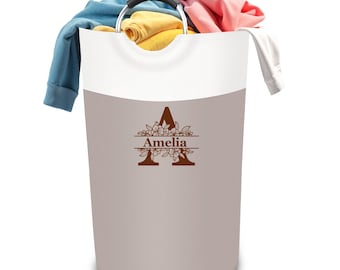 Personalized Monogram Laundry Hamper - Collapsible Basket with Custom Name & Floral Initial Design, 90L- Beige