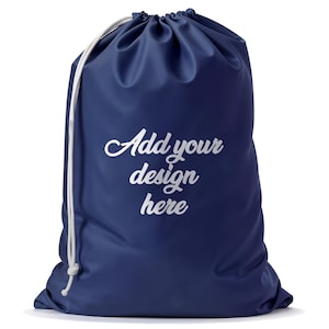 May include: A navy blue drawstring bag with white drawstrings. The bag has the text "Add your design here" printed on the front.