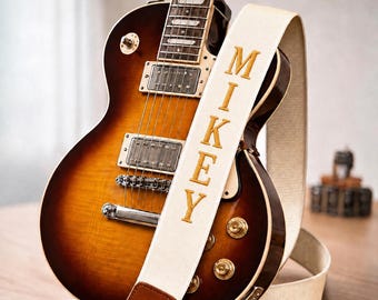 Personalized Guitar Strap with Name – Cream Embroidered Musician Gift