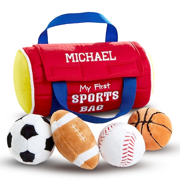 Personalized My First Sports Bag With Embroidered Name, Stuffed Plush Playset with Mini Plush Basketball Baseball Football ball - 8"