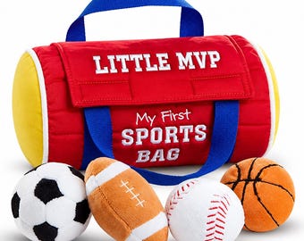 My First Sports Bag Little MVP, Stuffed Plush Playset with Mini Plush Basketball Baseball Football ball - 10"