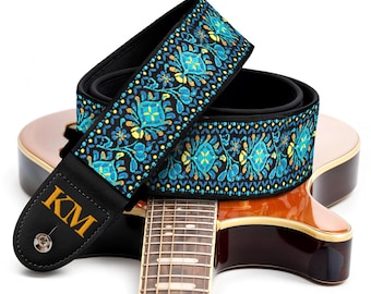 Personalized Blue Woven Guitar Strap, Embroidered Custom Text