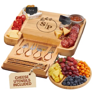 Personalized Acacia Wood Charcuterie Board Set: Slide-Out Tray, Cheese Tools